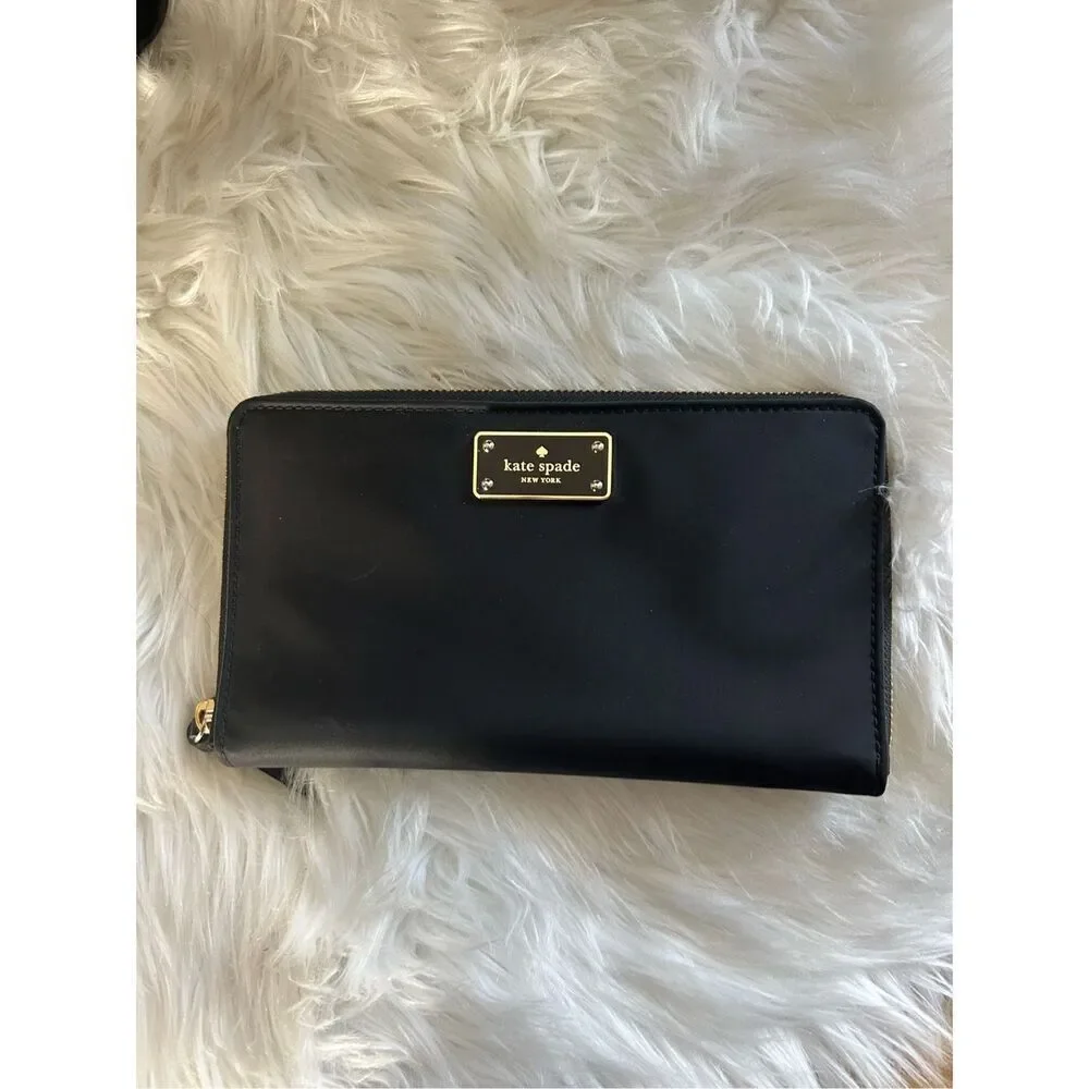 Kate Spade New York Black Gold Zip-Around & Logo Plate Kaden Wallet